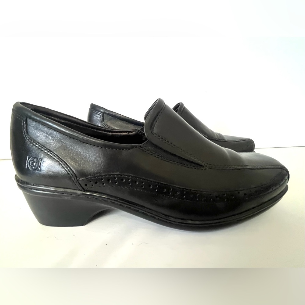 Earth Origins Megan Black Leather Comfort Slip On Loafer Shoe Block Heel Size 8